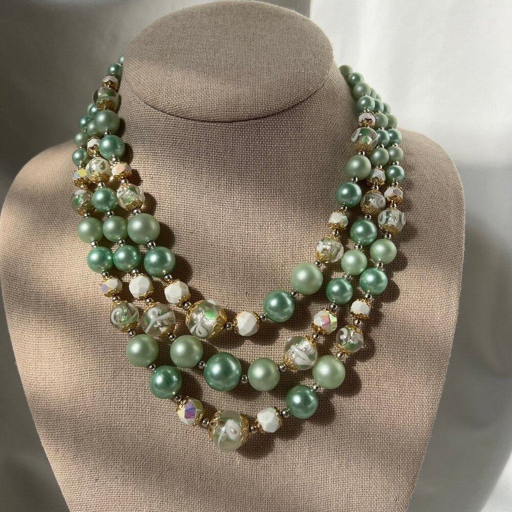 Vintage MCM Japan Mint Green Faux Pearl Multilayer Costume Estate Necklace
